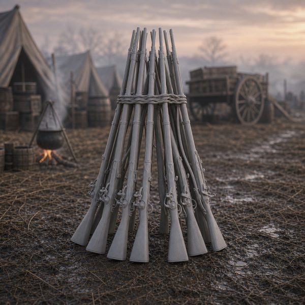 Stacked Muskets Cluster - Napoleonic-era cluster of muskets stacked tripod-fashion at a field camp, 1:35 scale grey resin miniature.