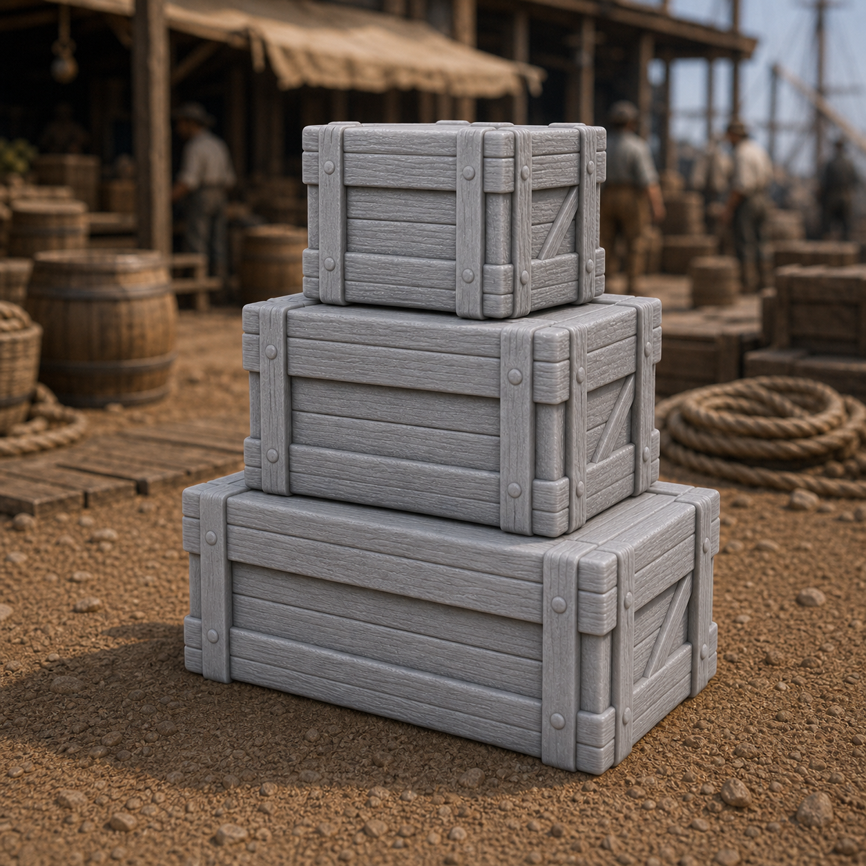 Stacked Trade Crates - three small rough wooden crates stacked on a colonial quay, 1:35 scale grey resin miniature.
