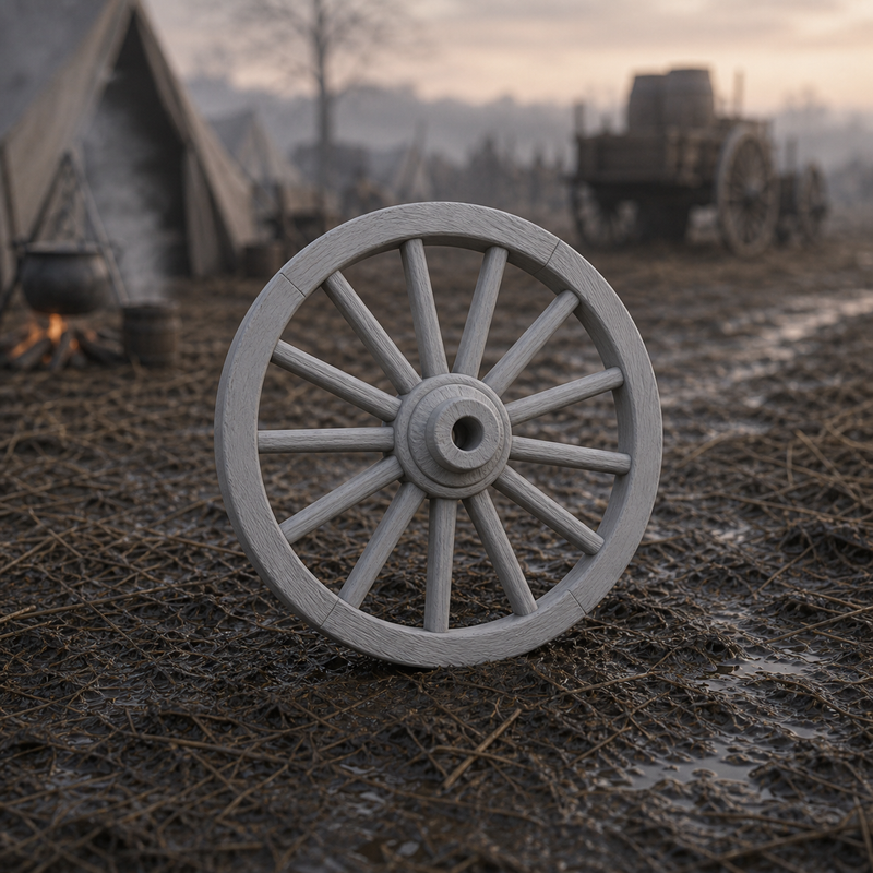 Supply Wagon Wheel - Napoleonic-era wooden wagon wheel propped against a baggage line, 1:35 scale grey resin miniature.
