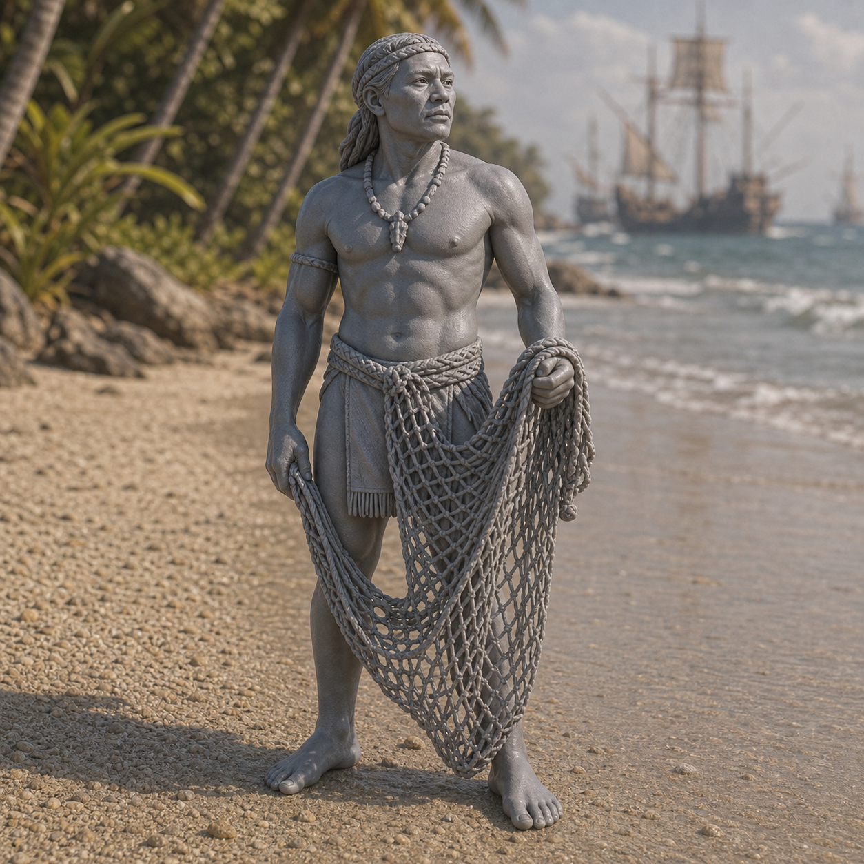 Taíno Fisher With Net - 1492 Caribbean Taíno fisher with woven net, 1:35 scale grey resin miniature.