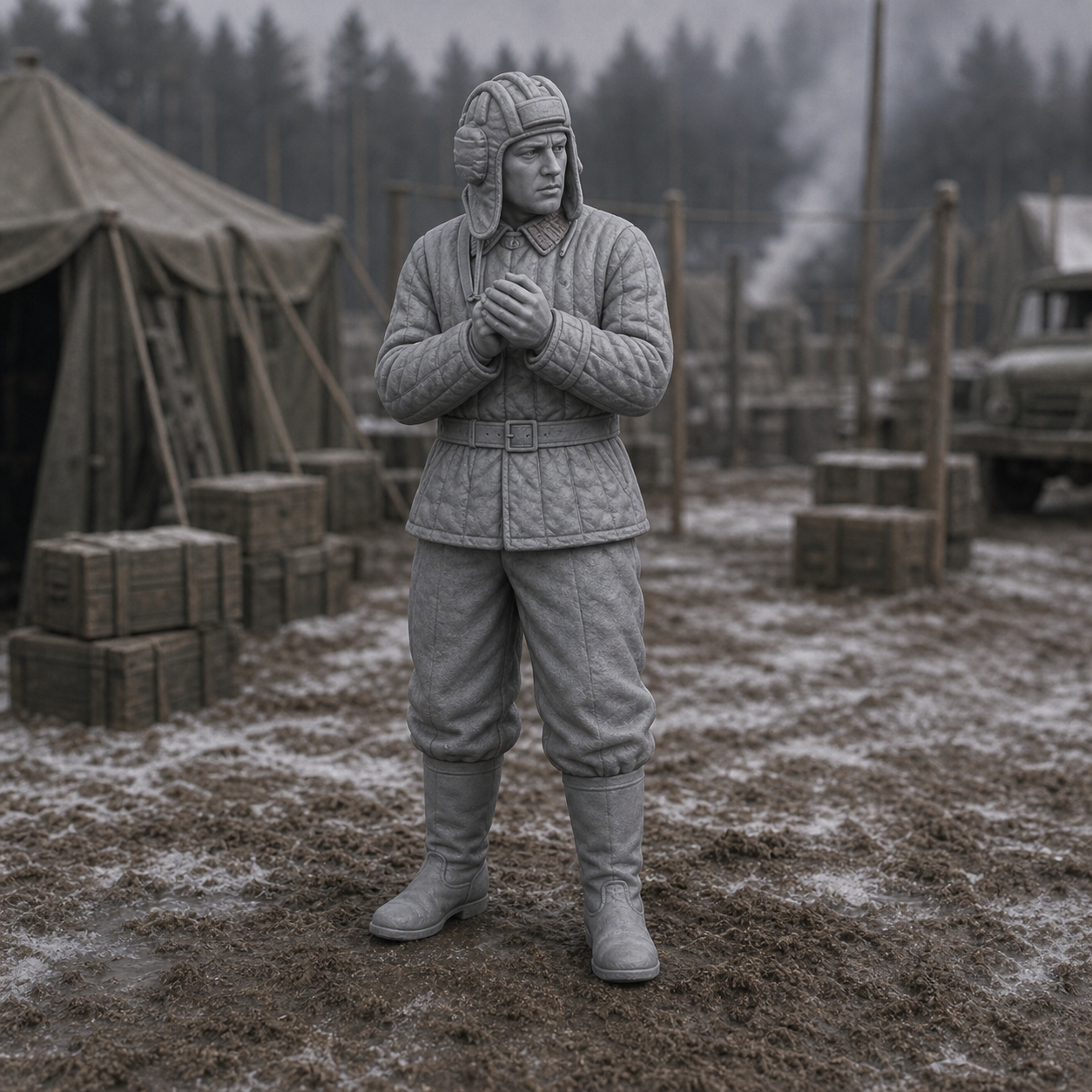 Tank Crewman Warming Hands - WWII Soviet tank crewman warming his hands at a field camp, 1:35 scale grey resin miniature.