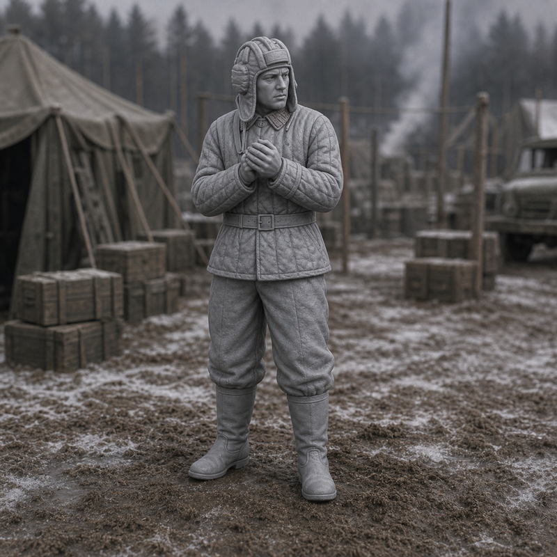 Tank Crewman Warming Hands - WWII Soviet tank crewman warming his hands at a field camp, 1:35 scale grey resin miniature.