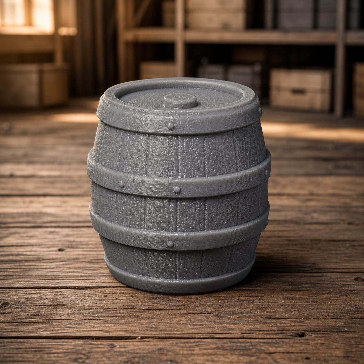 Tarred Powder Keg - small black tarred gunpowder keg with stencil, 1:35 scale grey resin miniature.
