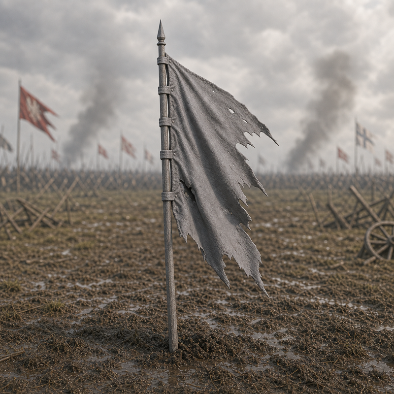 Torn Banner Standard - 15th century torn heraldic banner on a snapped pole at Grunwald, 1:35 scale grey resin miniature.