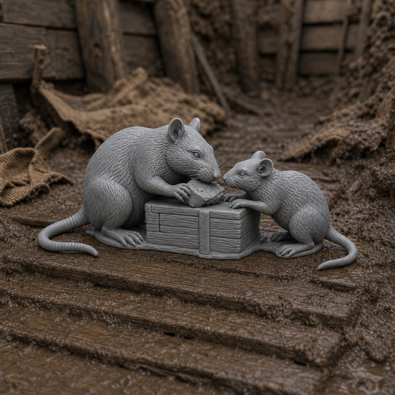 Trench Rat Pair - two large WW1 trench rats fused into one base prop, 1:35 scale grey resin miniature.
