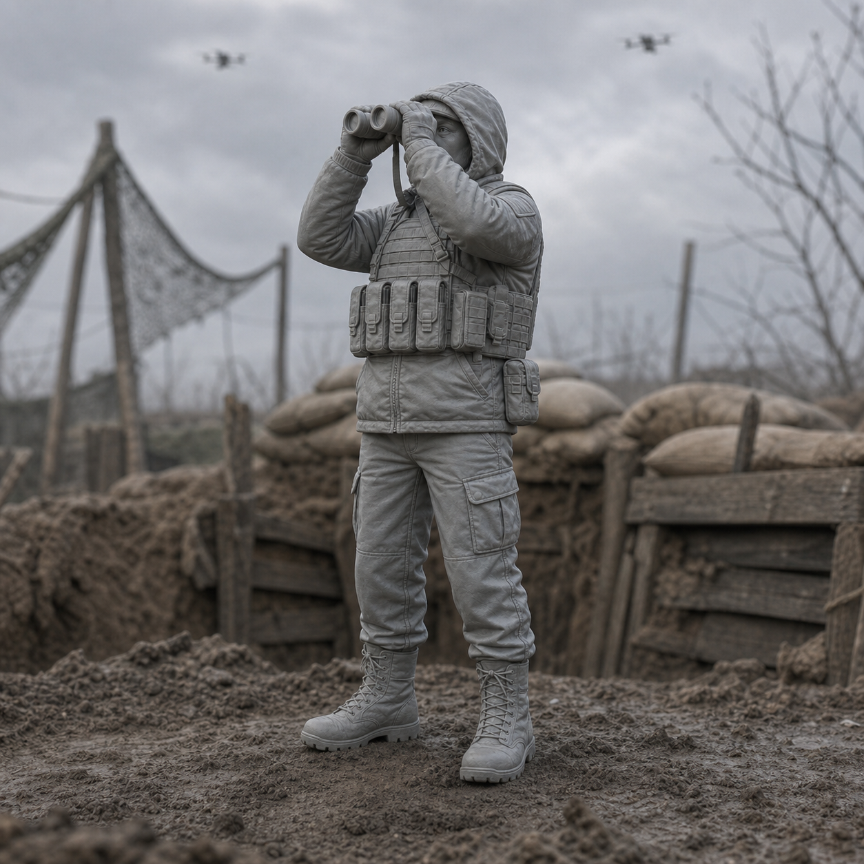 Trench Spotter With Binoculars - Ukrainian trench spotter with binoculars looking up for drones, 1:35 scale grey resin miniature.