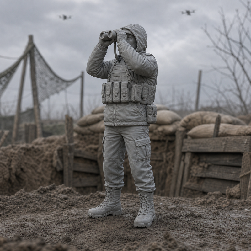Trench Spotter With Binoculars - Ukrainian trench spotter with binoculars looking up for drones, 1:35 scale grey resin miniature.