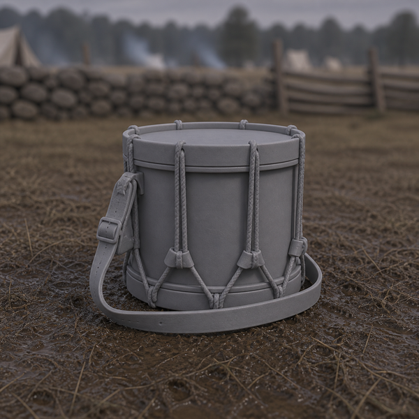 War Drum On Strap - Civil War side drum on shoulder strap set down on the ground, 1:35 scale grey resin miniature.