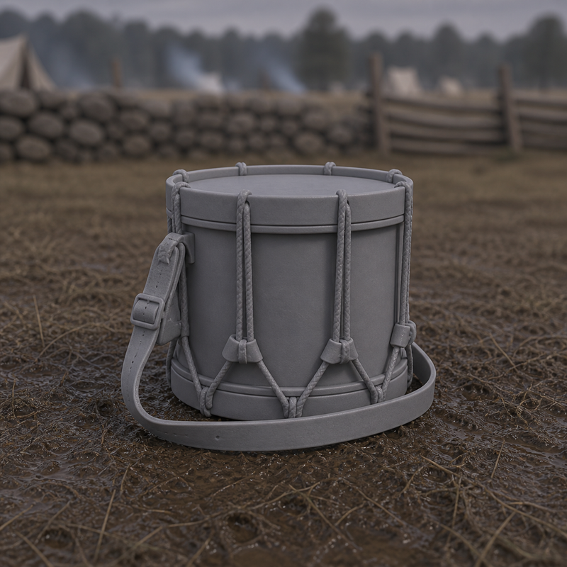 War Drum On Strap - Civil War side drum on shoulder strap set down on the ground, 1:35 scale grey resin miniature.