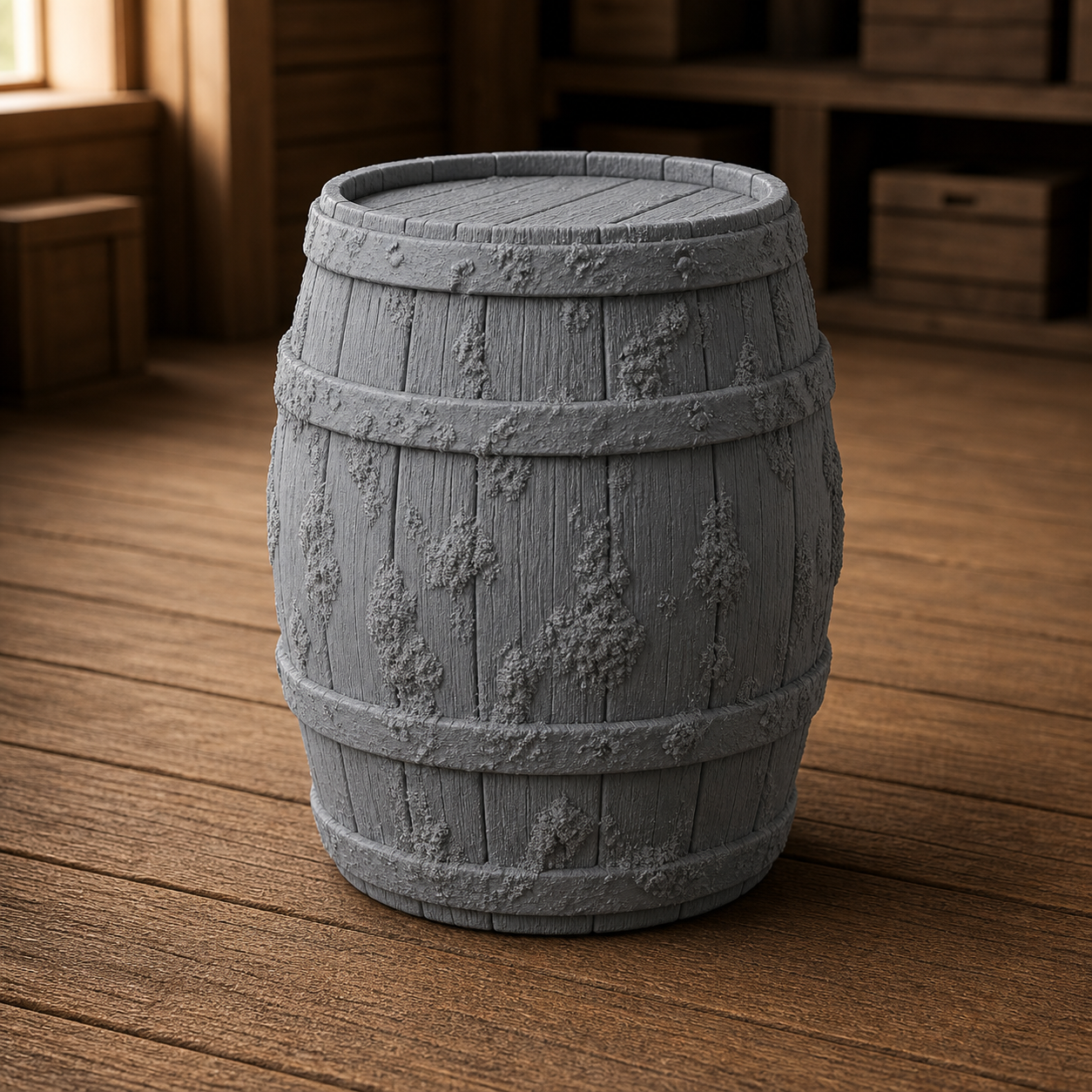 Weathered Moss Barrel - long-abandoned barrel with moss and lichen on the staves, 1:35 scale grey resin miniature.